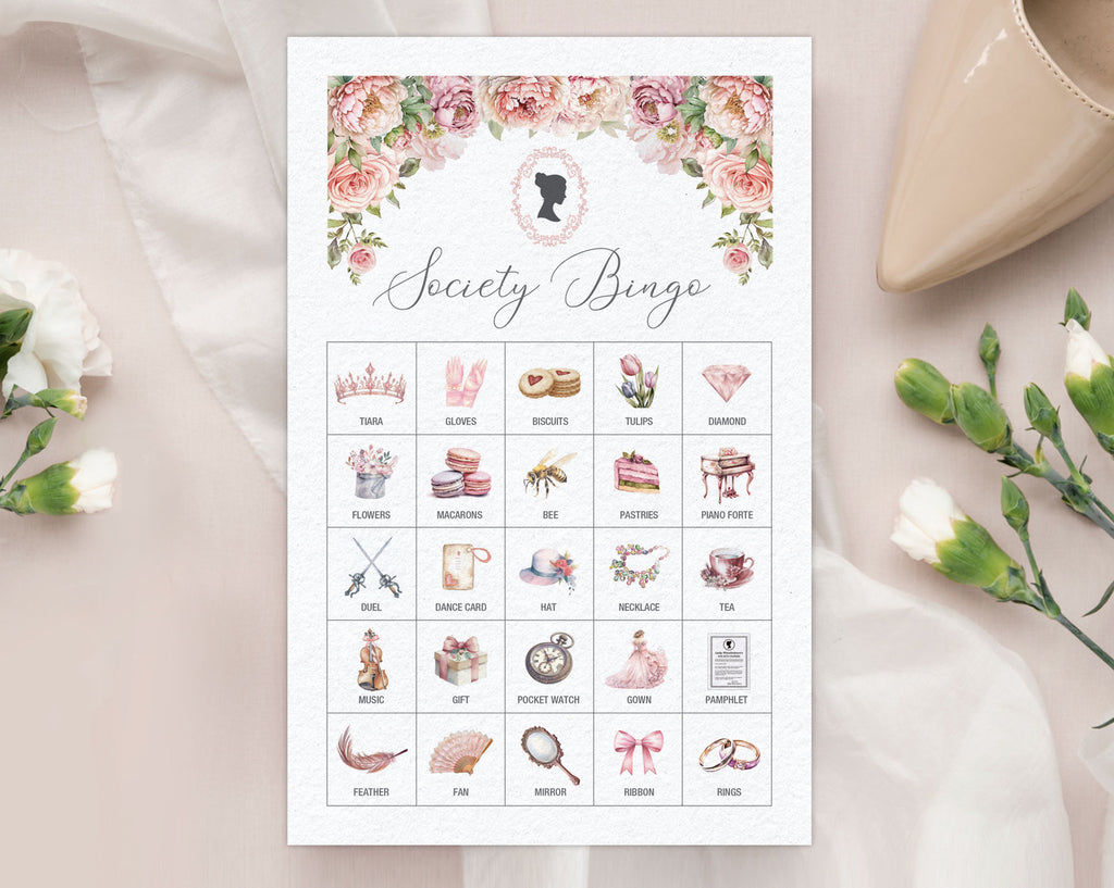 half letter Society Bingo card with floral design on a soft fabric background