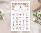 half letter Society Bingo card with floral design on a soft fabric background