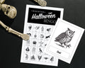 A Halloween bingo game setup on a dark surface, featuring a printed bingo sheet with spooky icons and a separate card showing an owl illustration. A skeleton prop is placed around the items, and the sheet includes the text 'Haunted Halloween Bingo.
