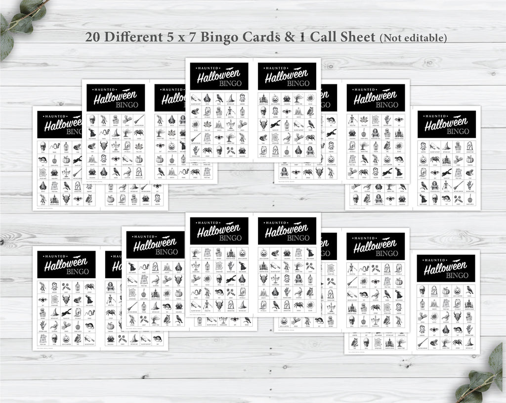 A set of printable Halloween bingo cards and a call sheet displayed on a light wood background. The top text reads '20 Different 5 x 7 Bingo Cards & 1 Call Sheet (Not editable)'.