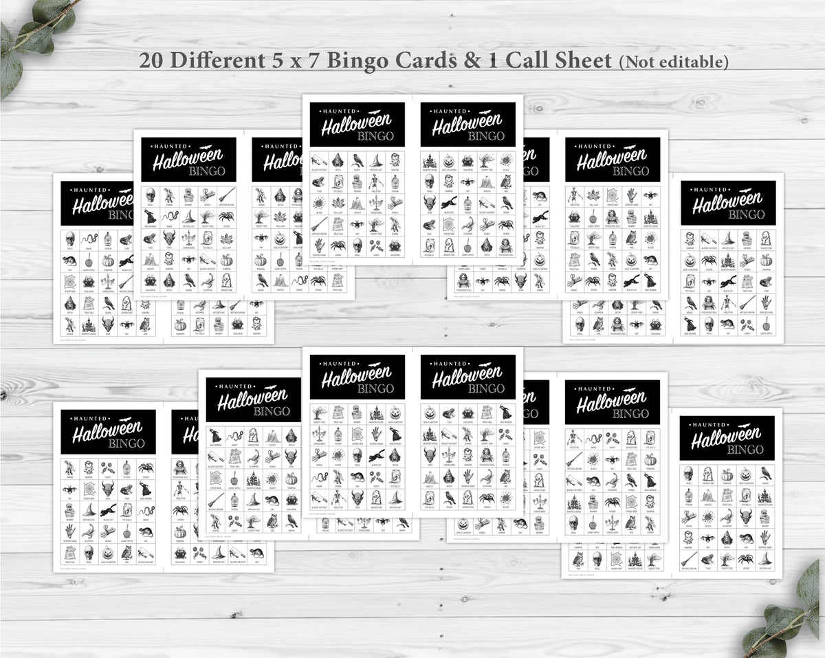 A set of printable Halloween bingo cards and a call sheet displayed on a light wood background. The top text reads '20 Different 5 x 7 Bingo Cards & 1 Call Sheet (Not editable)'.