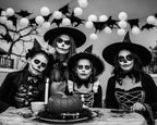Four children dressed in Halloween costumes, including witch hats and skeleton makeup, gathered around a table with a pumpkin and candle in a spooky black-and-white setting with hanging balloons and bat decorations.