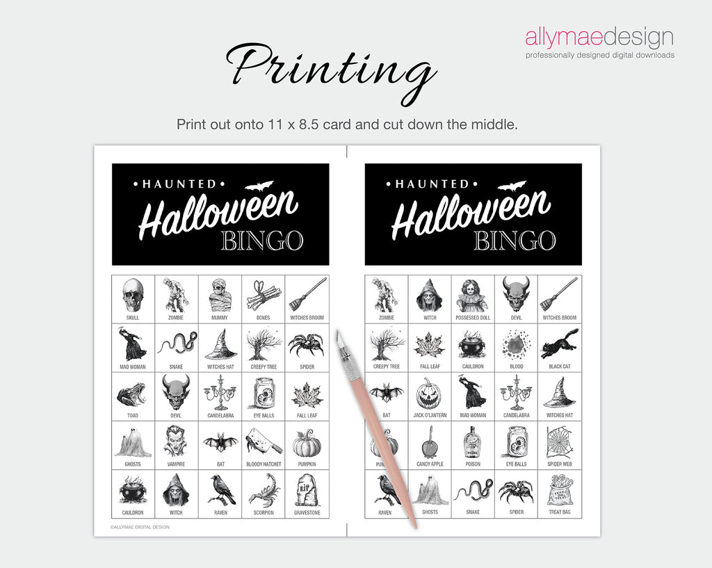 Digital preview of a printable Halloween bingo card set with two black-and-white bingo sheets and a pink pencil on a light gray background. Text at the top says 'Printing' and instructions note cutting out a 11 x 8.