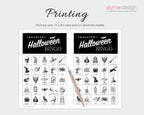 Digital preview of a printable Halloween bingo card set with two black-and-white bingo sheets and a pink pencil on a light gray background. Text at the top says 'Printing' and instructions note cutting out a 11 x 8.