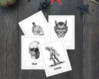 Four Halloween-themed flashcards with black and white illustrations (bottle, devil face, skull, zombie) arranged on a dark wood background with spider decorations.