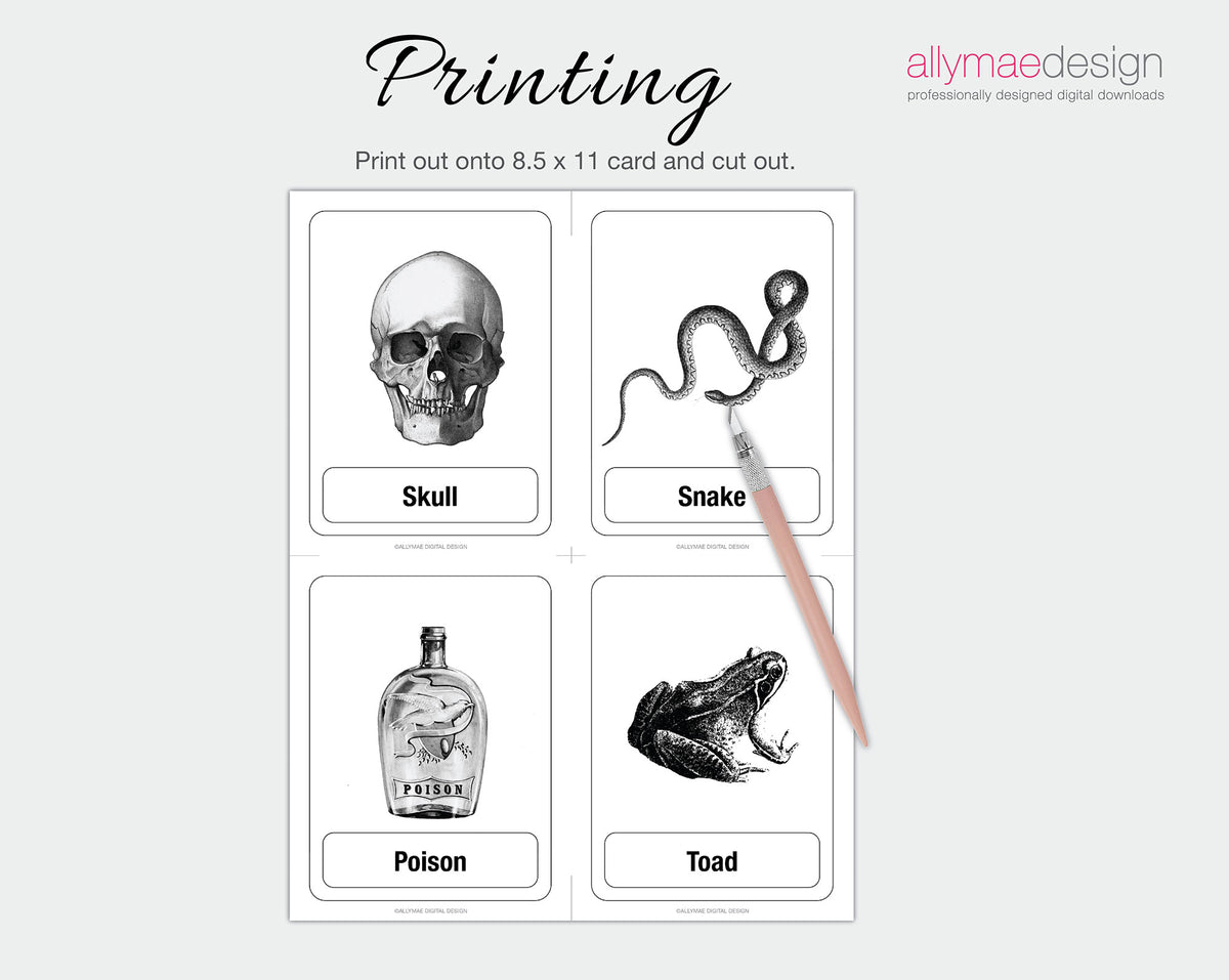 A digital preview for a printable card set titled 'Printing' showing four black-and-white illustrated cards: a skull labeled 'Skull,' a snake labeled 'Snake,' a potion bottle labeled 'Poison,' and a frog labeled 'Toad.' The text says the cards should be printed onto 8.