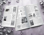 An open vintage-style magazine or booklet spread laid flat on a soft lavender surface, surrounded by scattered flowers. The pages contain multiple black-and-white photographs, columns of text, and illustrated newspaper-like articles.