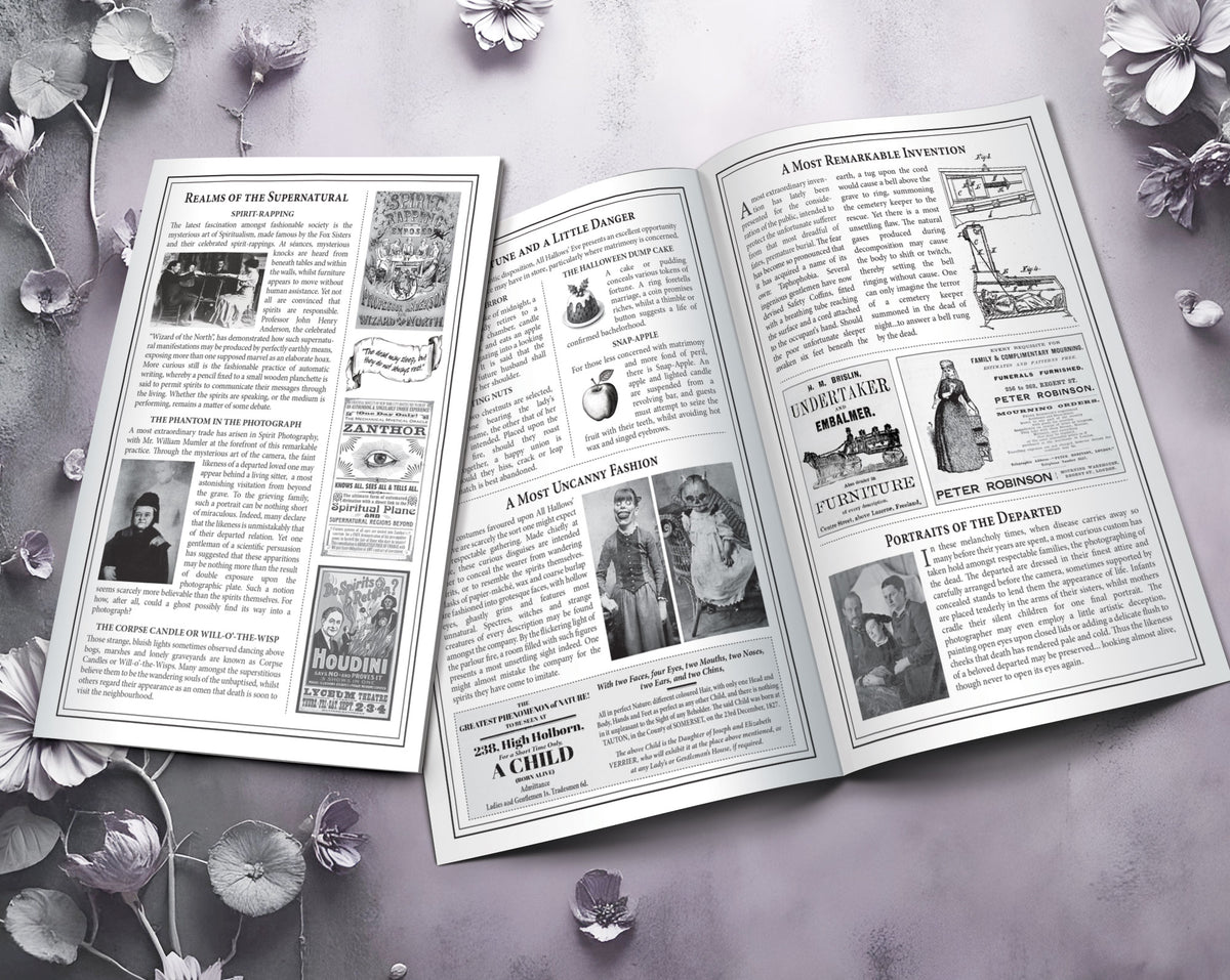 An open vintage-style magazine or booklet spread laid flat on a soft lavender surface, surrounded by scattered flowers. The pages contain multiple black-and-white photographs, columns of text, and illustrated newspaper-like articles.