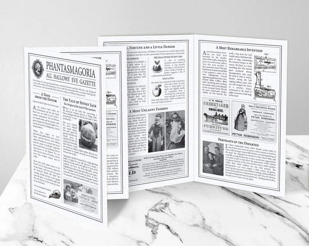 A vintage-style printed 4 page Halloween brochure displayed on a white marble surface against a light gray background. The pages are mostly white with black text and small vintage illustrations, including a prominent headline reading 'Phantasmagoria All Hallows Eve Gazette.