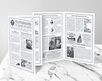 A vintage-style printed 4 page Halloween brochure displayed on a white marble surface against a light gray background. The pages are mostly white with black text and small vintage illustrations, including a prominent headline reading 'Phantasmagoria All Hallows Eve Gazette.