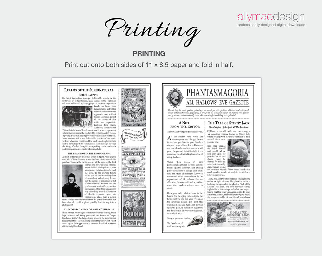 A printable vintage newspaper design shown on a light gray background with the heading 'Printing' and instructions to print out both sides of a 11 x 8.5 paper sheet and fold it in half.