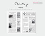 A printable vintage newspaper design shown on a light gray background with the heading 'Printing' and instructions to print out both sides of a 11 x 8.5 paper sheet and fold it in half.