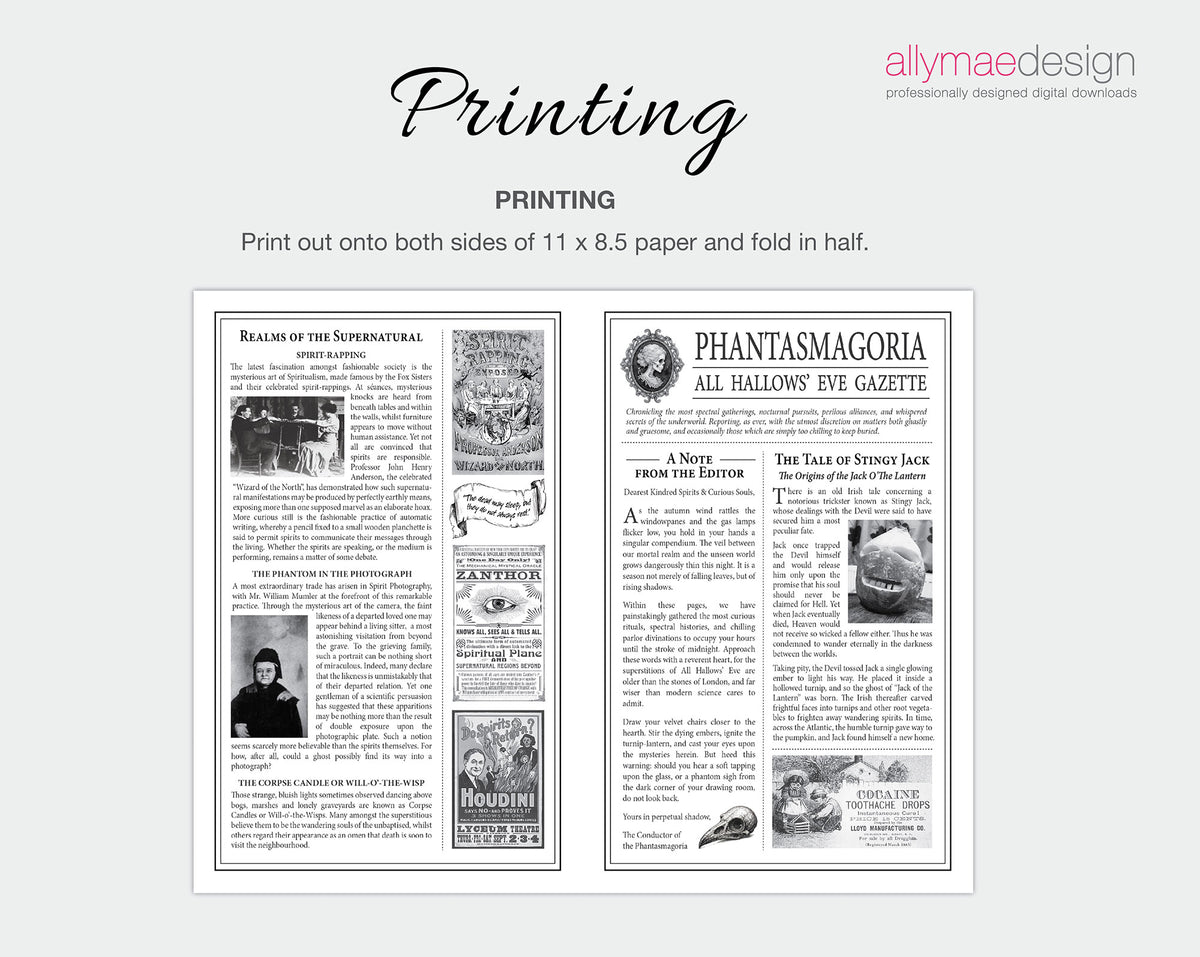 A printable vintage newspaper design shown on a light gray background with the heading 'Printing' and instructions to print out both sides of a 11 x 8.5 paper sheet and fold it in half.