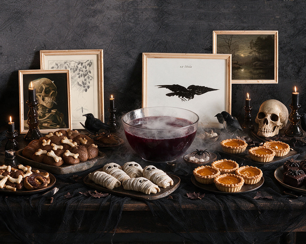 A Halloween-themed tabletop arrangement with a bowl of dark blood, mummy wraps, pumpkin pie tarts, bone-shaped cookies, candles, a skull, blackbirds, and framed gothic artwork against a dark textured wall.