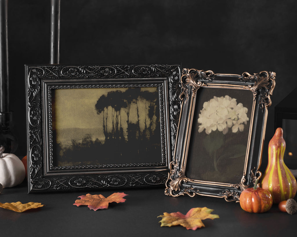 Two ornate picture frames displayed on a dark surface against a black background. The larger left frame is black with carved detailing and contains a dark landscape print.