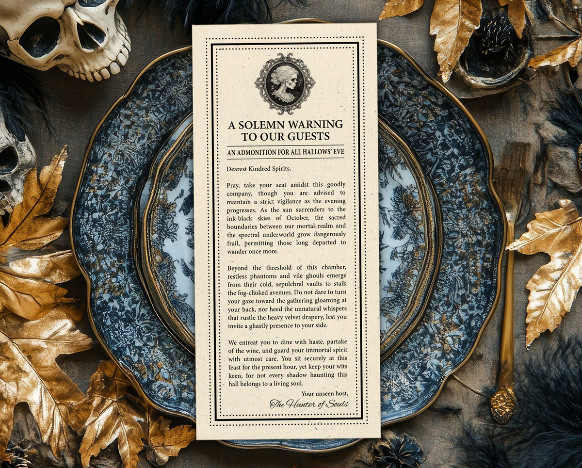 A vertical printed Halloween message card with decorative border text reading 'A Solemn Warning to Our Guests' and 'An Admission for All Hallows Eve,' styled on a dark blue patterned tray surrounded by autumn leaves, a skull, and pinecones.