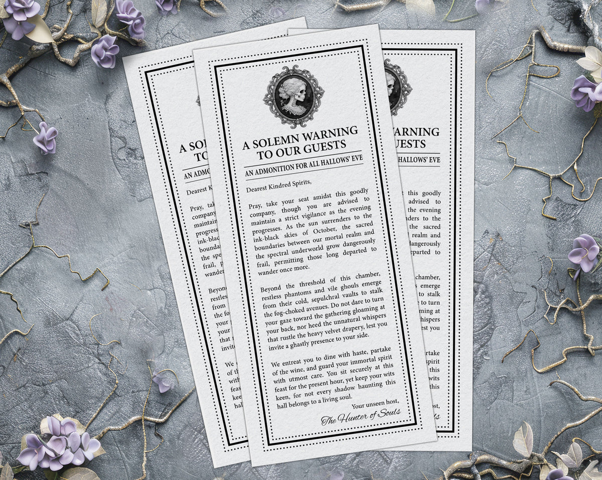 Three vintage-style printed Halloween warning cards fanned out on a textured gray stone surface, surrounded by purple flowers and gold wire accents. The central card reads 'A Solemn Warning to Our Guests' with ornate black border lines and decorative typography.