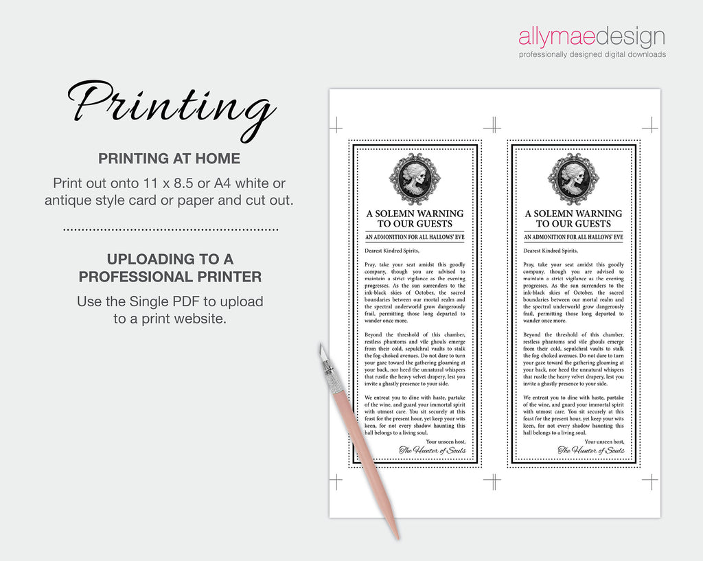 A digital preview for a printable halloween message card design, showing two vertical card layouts with decorative black borders, portrait frames, and placeholder text. The left side includes text about printing at home and uploading to a professional printer