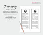 A digital preview for a printable halloween message card design, showing two vertical card layouts with decorative black borders, portrait frames, and placeholder text. The left side includes text about printing at home and uploading to a professional printer