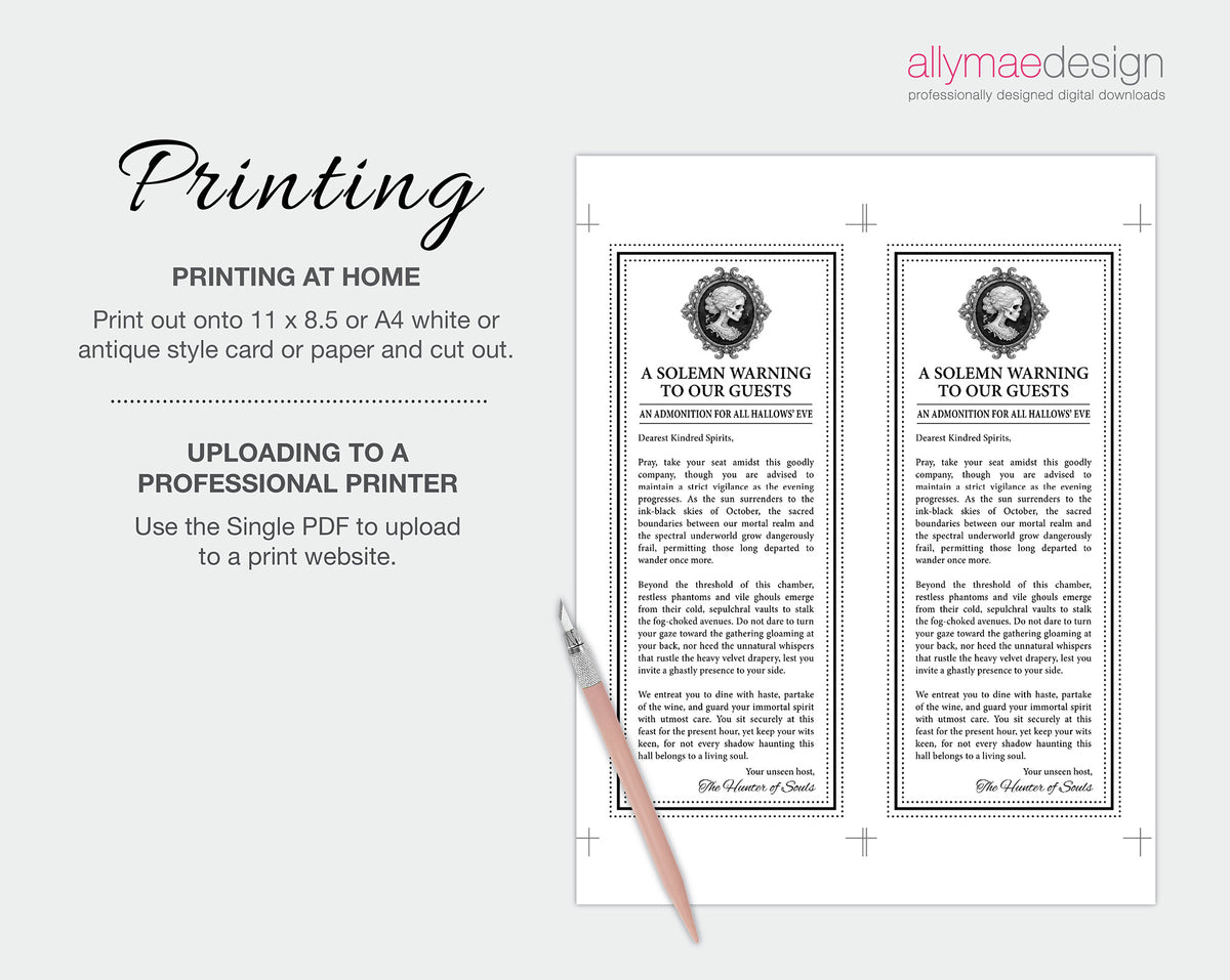 A digital preview for a printable halloween message card design, showing two vertical card layouts with decorative black borders, portrait frames, and placeholder text. The left side includes text about printing at home and uploading to a professional printer