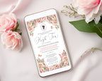 victorian tea party invitation for mobile with pink flowers and teapot