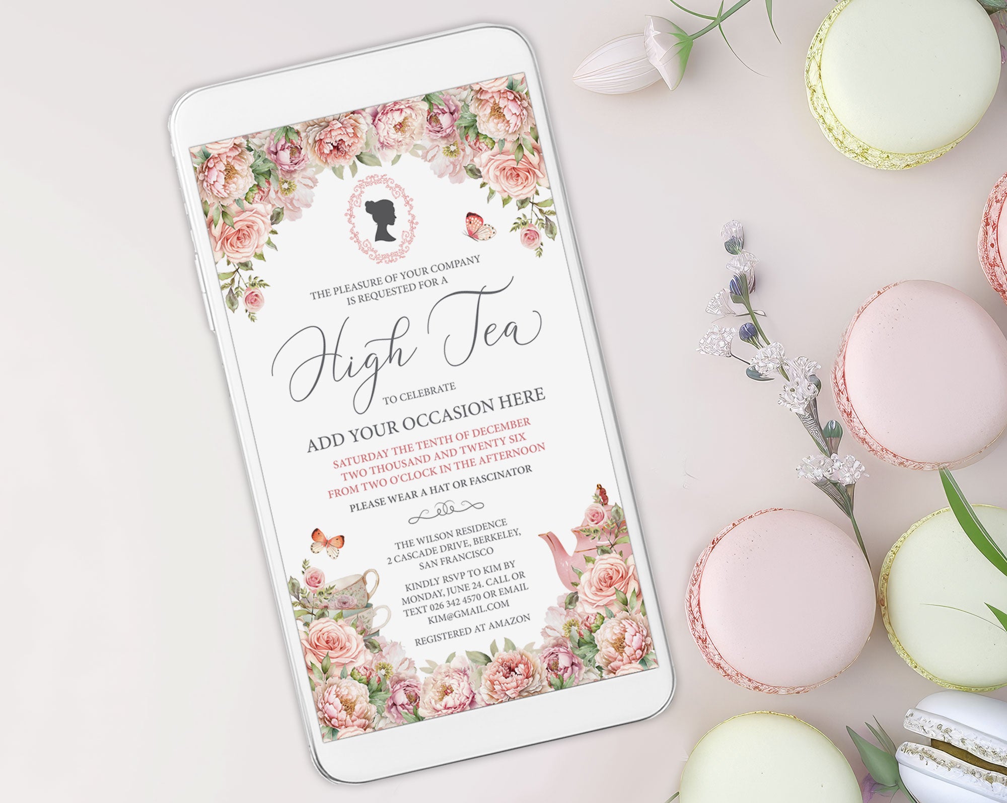 elegant pink invitation for a vintage tea party