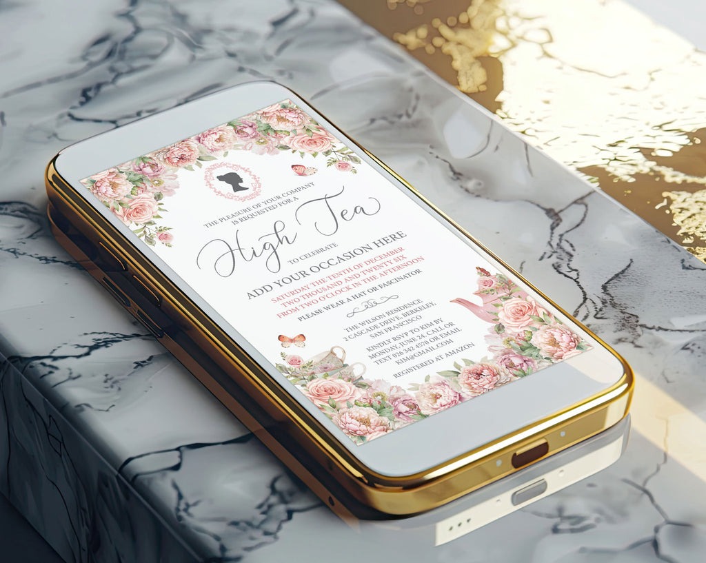Pretty blush pink tea invitation for sending on mobile