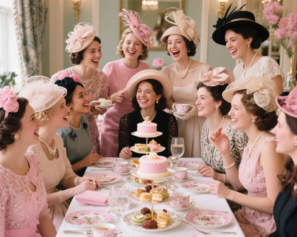 Ladies dressed in pastel with fascinators and hats at a tea party