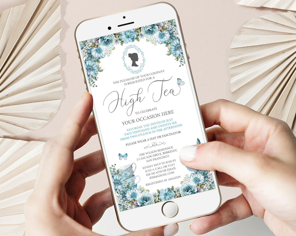 Regency high Tea Mobile Invite, Dusty blue, Cameo, Teapot, Corjl Editable Template
