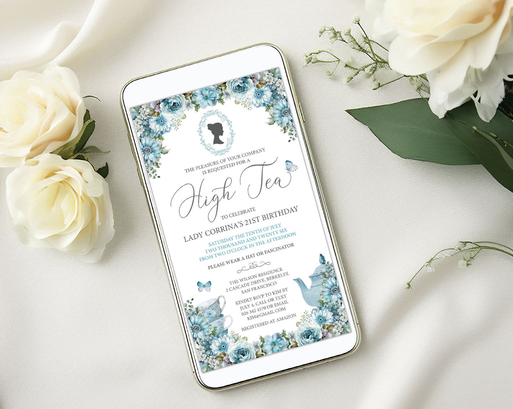 pretty blue high tea invitation on a gold mobile display with yellow flowers and cameo