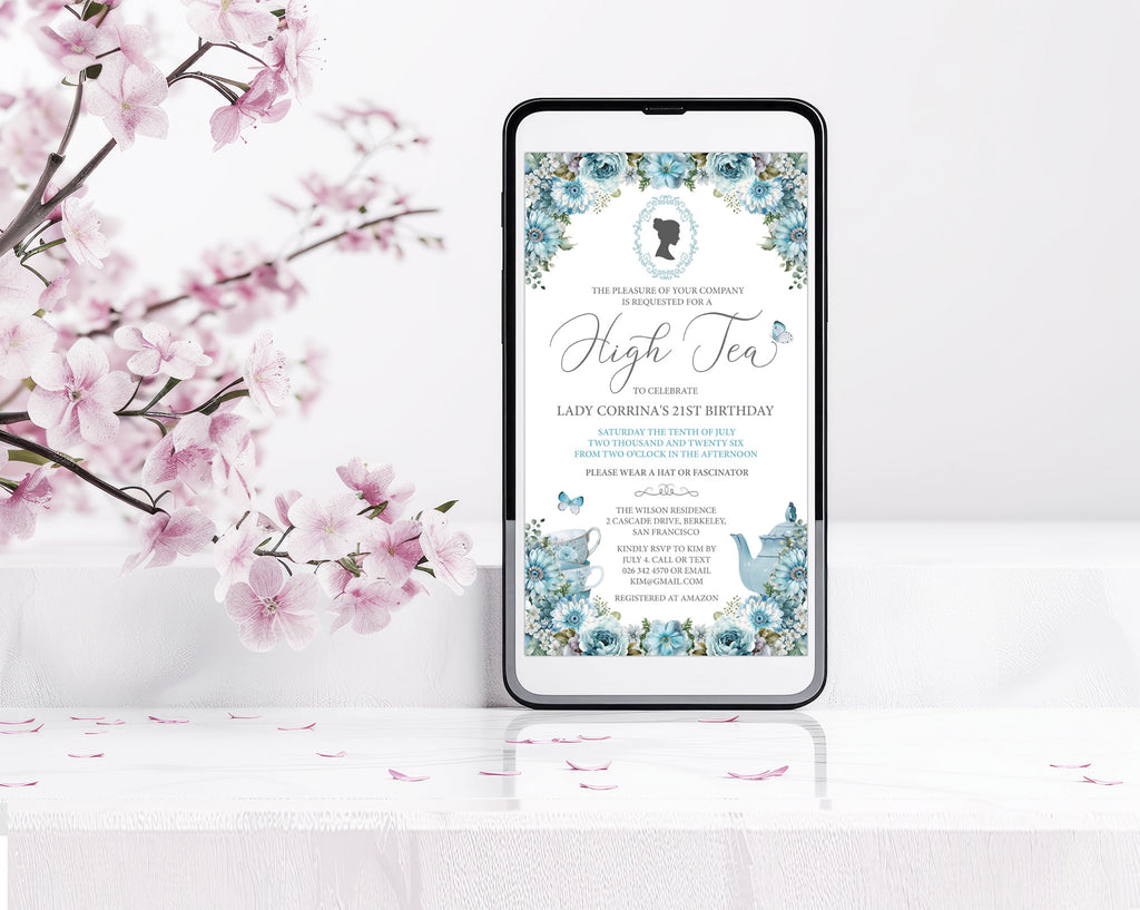 Phone displaying blue flower invitation for a high tea party with a bridgerton inspired cameo an afternoon tea invitation with cherry blossoms in the background