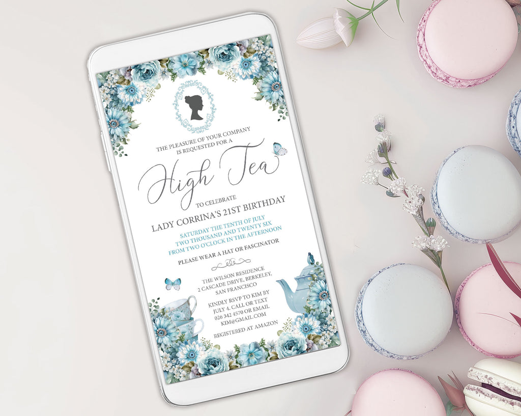Phone displaying a high tea invitation with floral design on a table with macarons.
