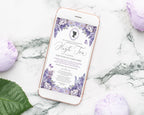 A rose gold smartphone lying on a white marble surface, displaying a lavender regency cameo invitation design for a high tea, with additional purple flowers and a green leaf placed around the phone.
