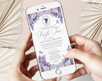 A person holds a white smartphone displaying a purple and lavender high tea invitation design, framed by cream paper fans on a light beige background.