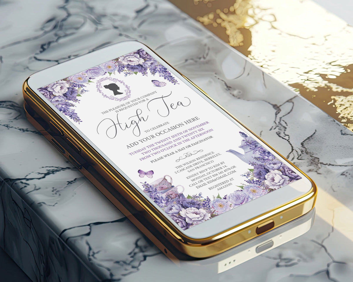 A gold-framed smartphone lying diagonally on a white and gray marble surface, displaying a purple floral regency invitation design with the words 'High Tea' and event details.