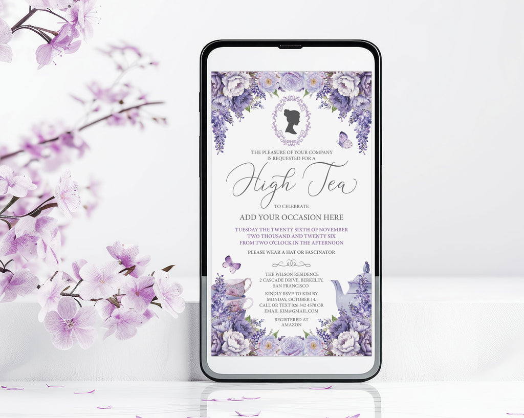 A smartphone mockup displaying a purple floral 'High Tea' invitatio with cameo, set against a white background with soft pink cherry blossom branches on the left.