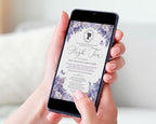 A person holding a smartphone that displays a lavender and white floral invitation card for an high tea event, set against a soft, blurred indoor background.
