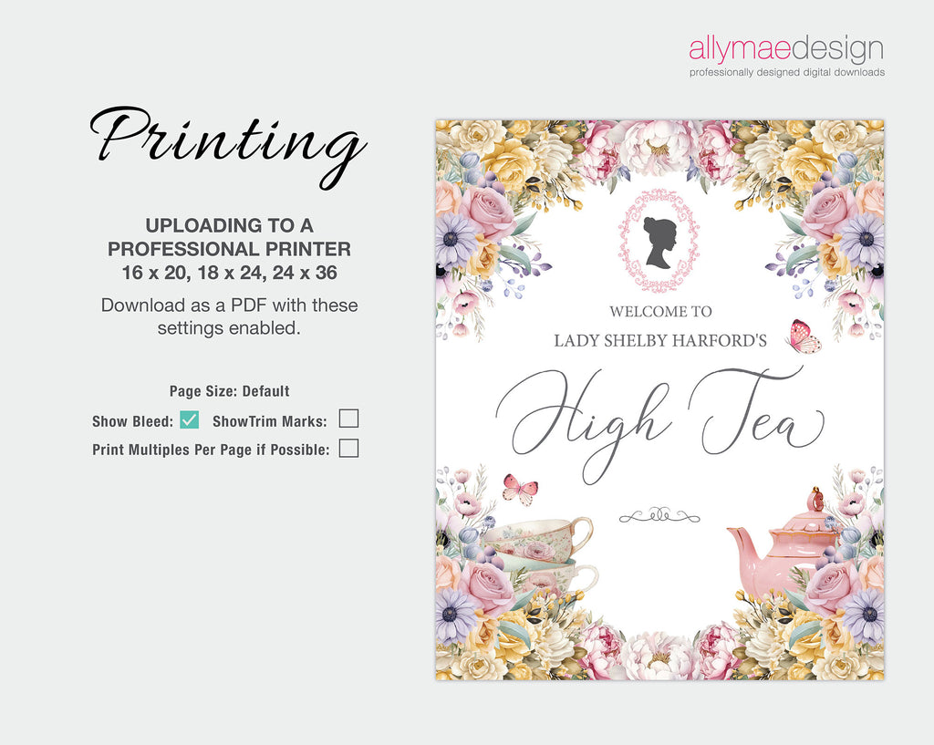 High Tea invitation with floral design and printing instructions on a white background