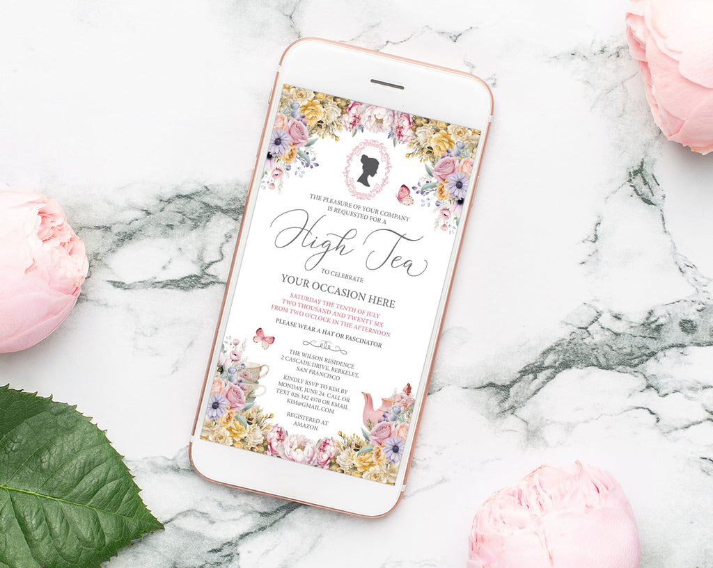 Regency Cameo and butterfly old fashioned mobile invitation for tea