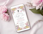 Elegant pink flower afternoon tea invitation for mobile with bridgerton inspired cameo