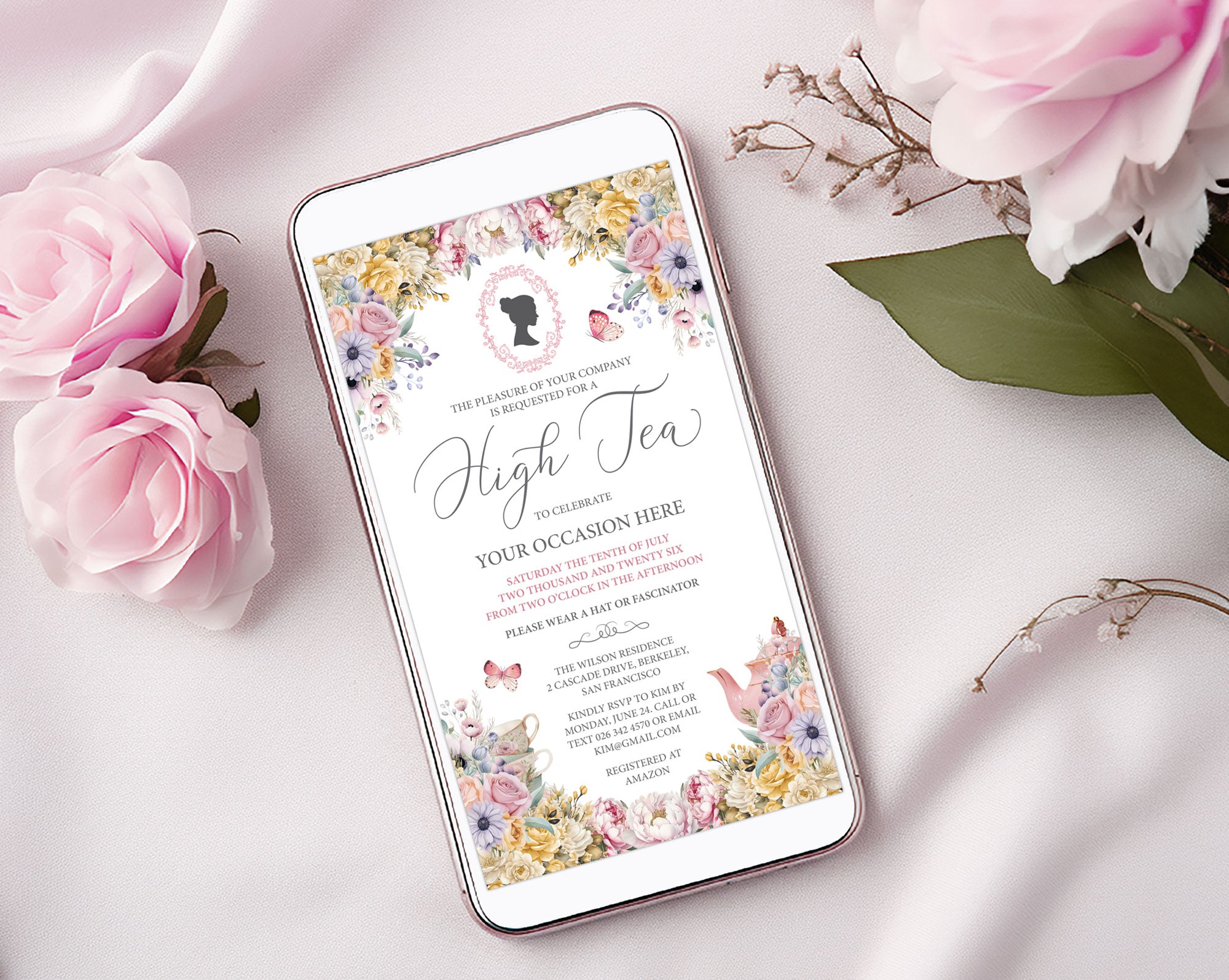 Elegant pink flower afternoon tea invitation for mobile with bridgerton inspired cameo