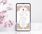 Pretty Pink Flower Tea Party Invitation for mobile with cameo and butterflies
