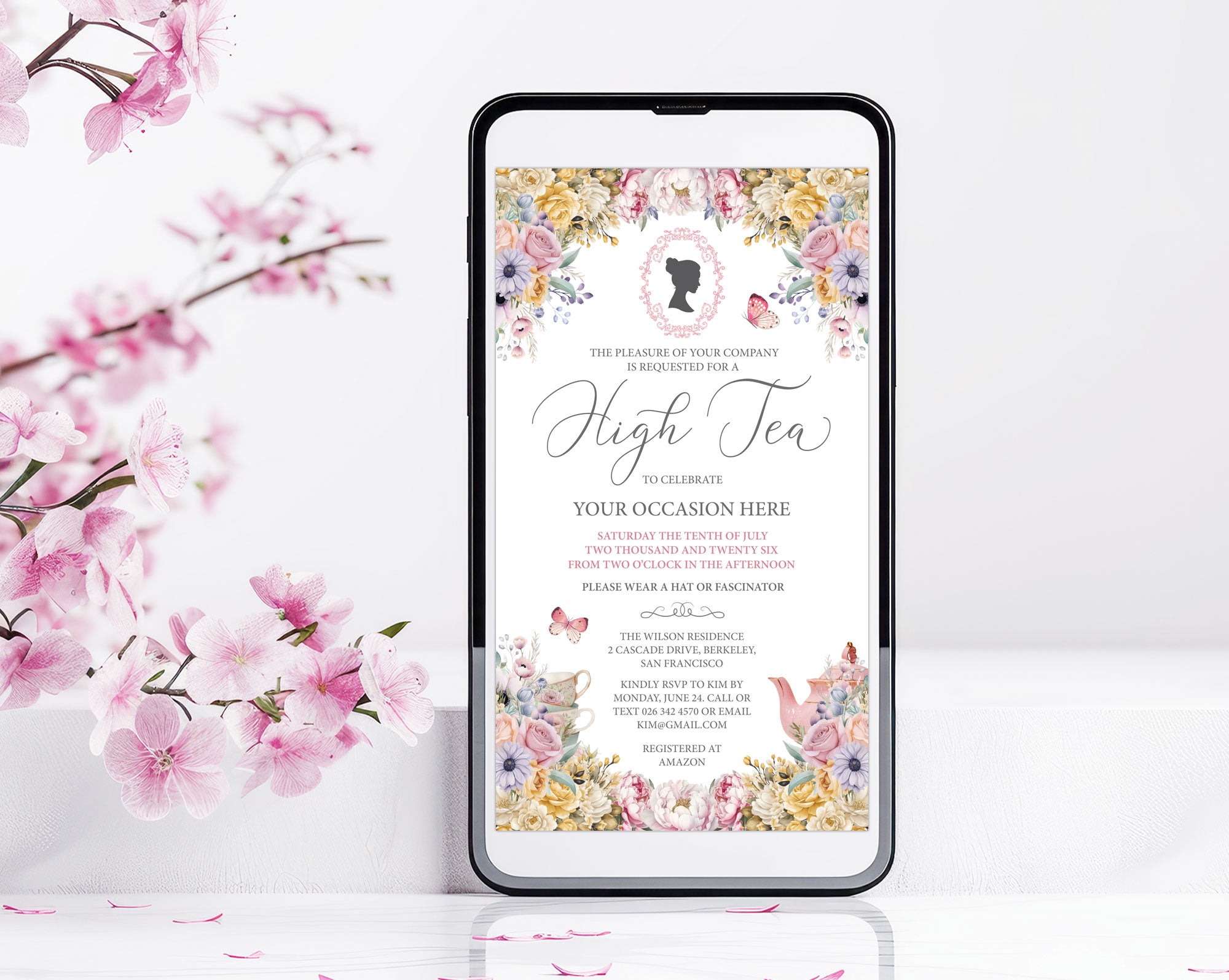Pretty Pink Flower Tea Party Invitation for mobile with cameo and butterflies