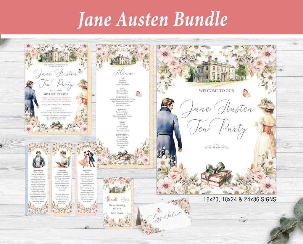 A set of Jane Austen-themed party stationery, including invitations, menus, bookmarks, and a large sign. The designs feature watercolour illustrations of characters, floral arrangements, and the text "Jane Austen Tea Party."