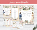 A set of Jane Austen-themed party stationery, including invitations, menus, bookmarks, and a large sign. The designs feature watercolour illustrations of characters, floral arrangements, and the text "Jane Austen Tea Party."