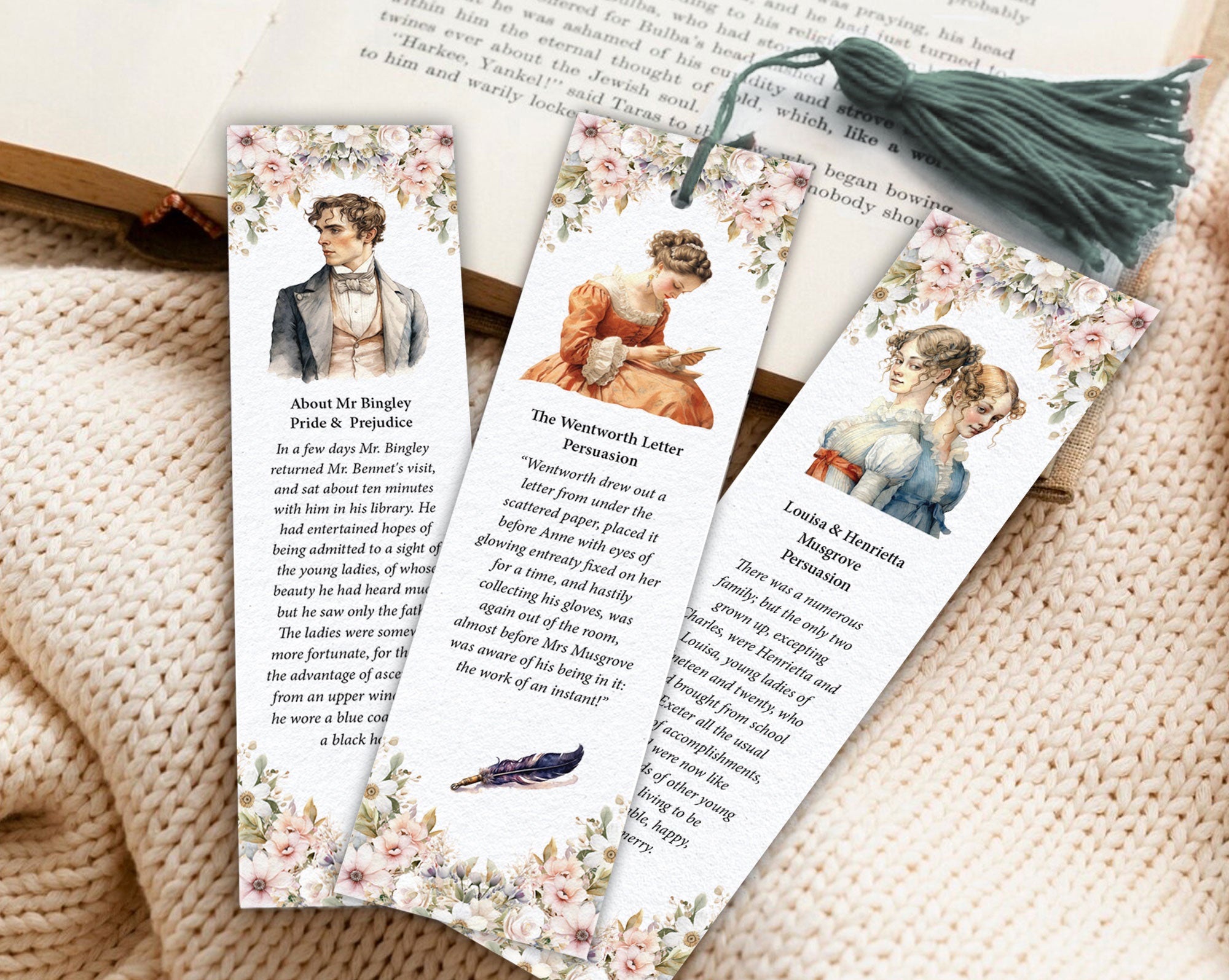 3 jane austen bookmarks with picture and text, one with a green tassel