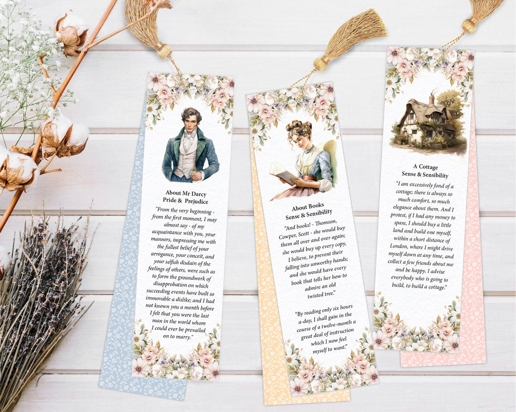 Jane Austen Bookmarks, Character Graphics, Flowers, Non-Editable, 8 Designs