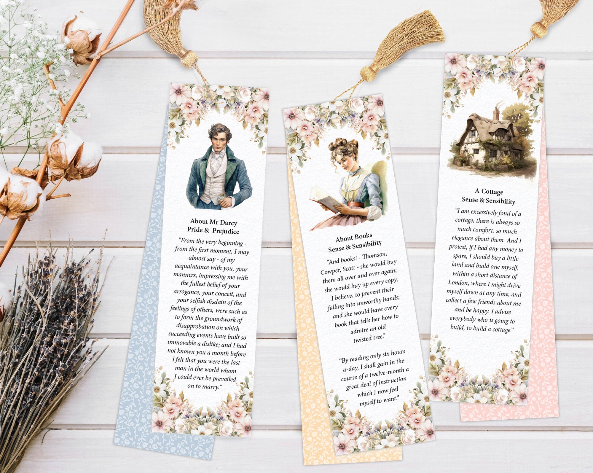 Jane Austen Bookmarks, Character Graphics, Flowers, Non-Editable, 8 Designs