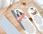 3 pride and pejudice Bookmarks with floral designs and text on a wooden surface