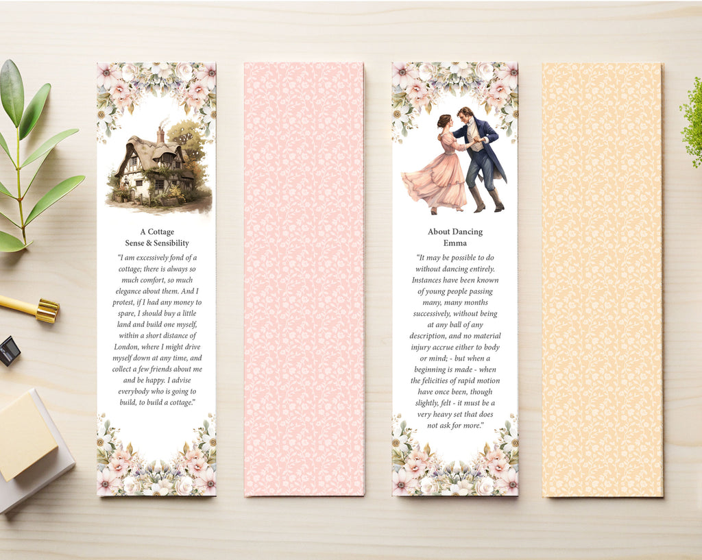 2 jane austen bookmarks with graphics and text along side two colored backs laying on a beige background with greenery to the side
